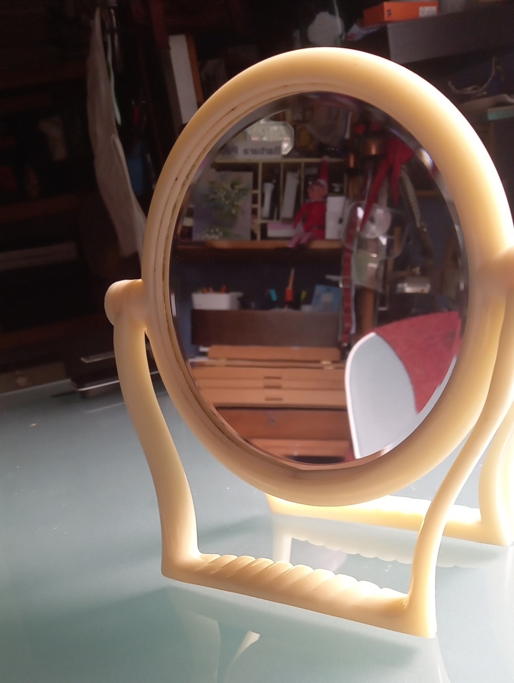 Vintage French Ivory Foldable Round Tabletop Vanity Mirror